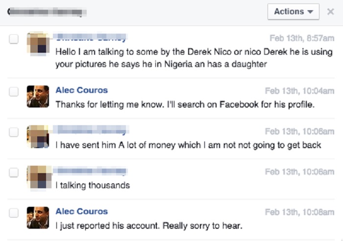 A Facebook messenger conversation between Alec Couros and a woman who was catfished using his photos.