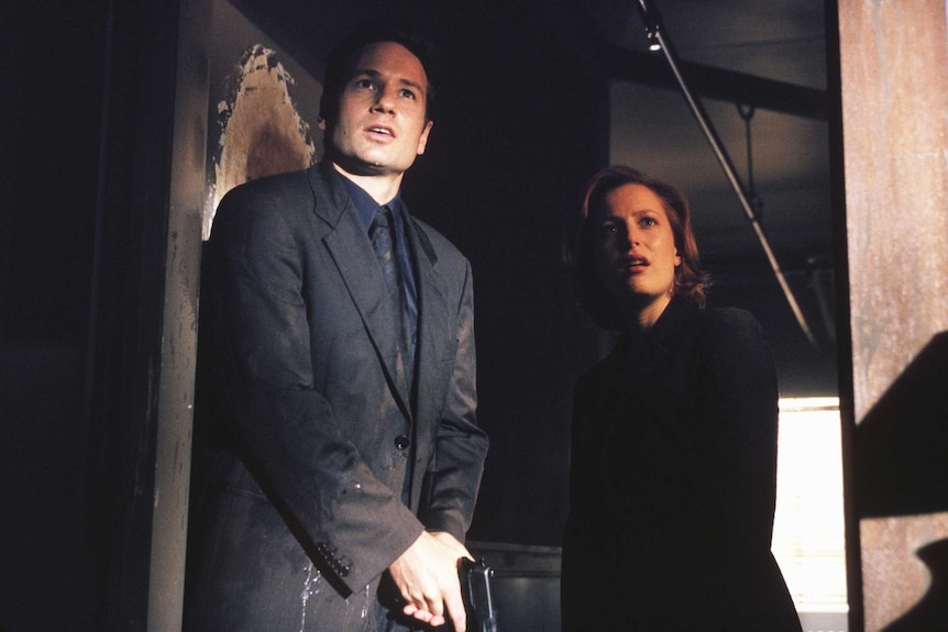 Fox Mulder and Dana Scully stand in a doorway holding their guns to the floor, a still from "The Goldberg Variation" episode.