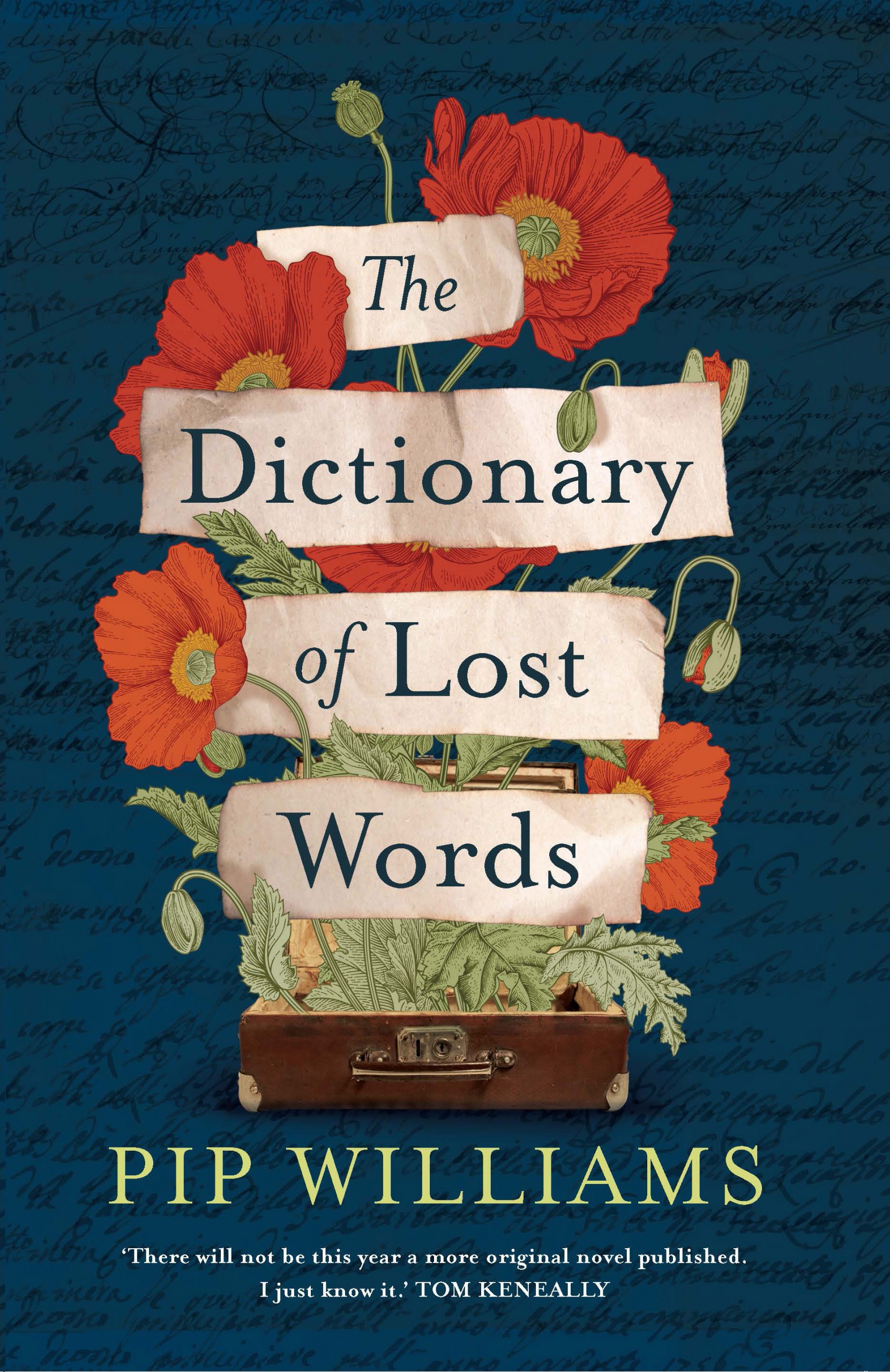 The book cover of The Dictionary of Lost Words by Pip Williams with a plant bursting out of a suitcase