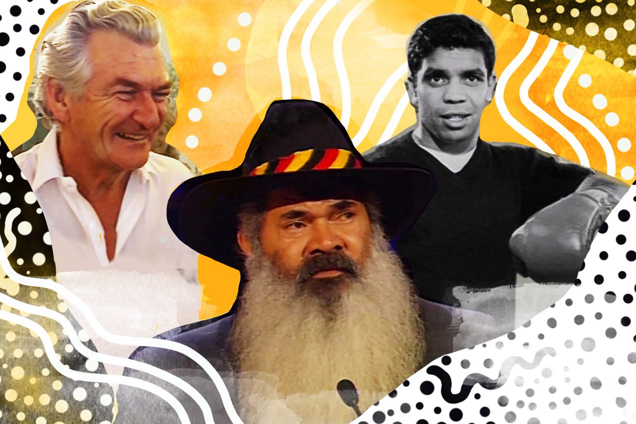 Three archival portraits cut out and imposed on a digital art background of yellow, black and white.