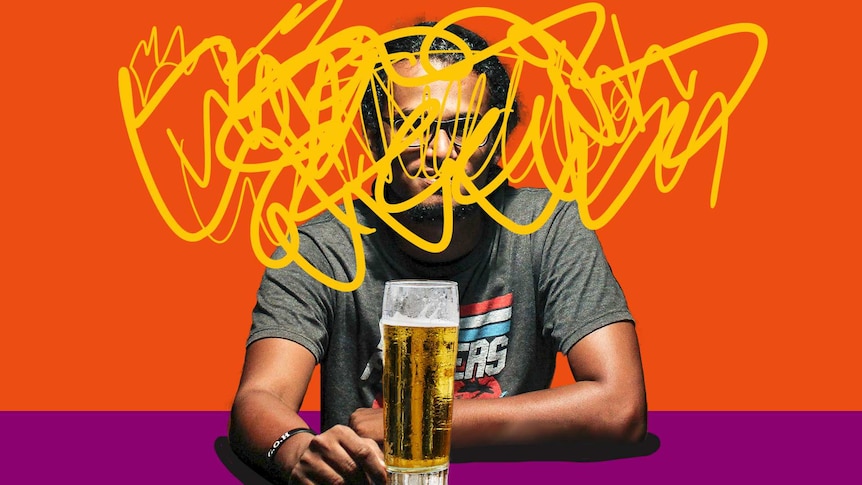 Man sits at table with a beer, with brushstrokes over his head to depict dealing with managing emotions after giving up booze