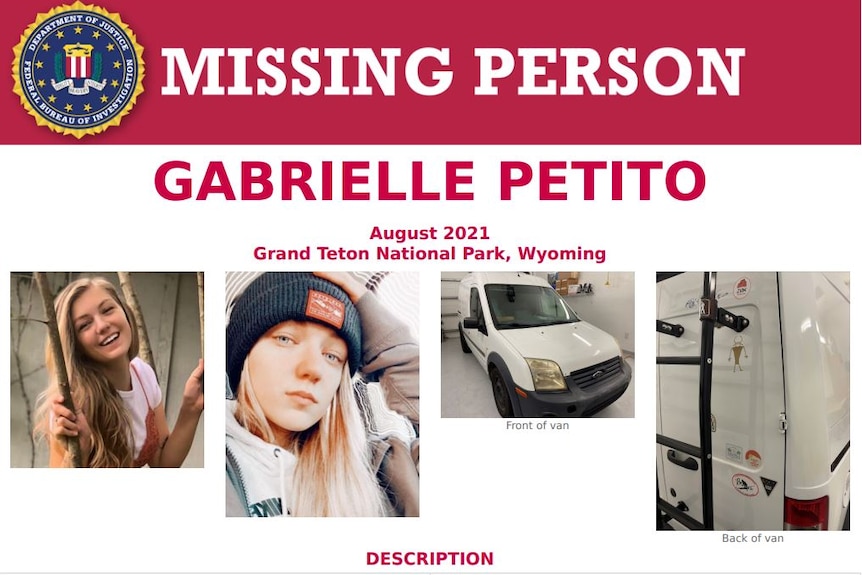 An FBI missing person poster with details of Gabrielle Petito.