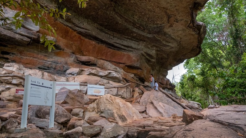 Two tourists look at Indigenous rock art on an expansive rock wall in Kakadu National Park. 