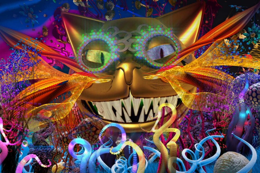 A colourful animation of the Cheshire cat.