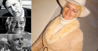 A composite of historical images of Shirley Finn in a cowboy hat, Ray O'Connor, Bernie Johnson and Don Hancock.