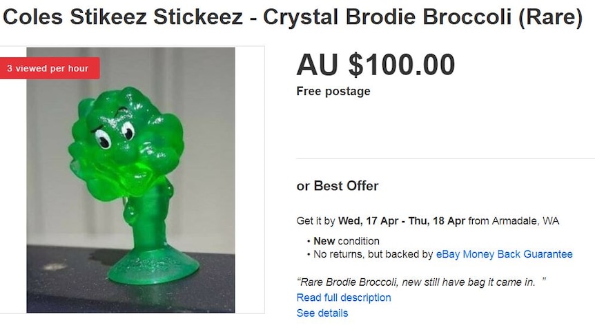 Free supermarket toy listing on Ebay, the plastic broccoli toy is selling for $100