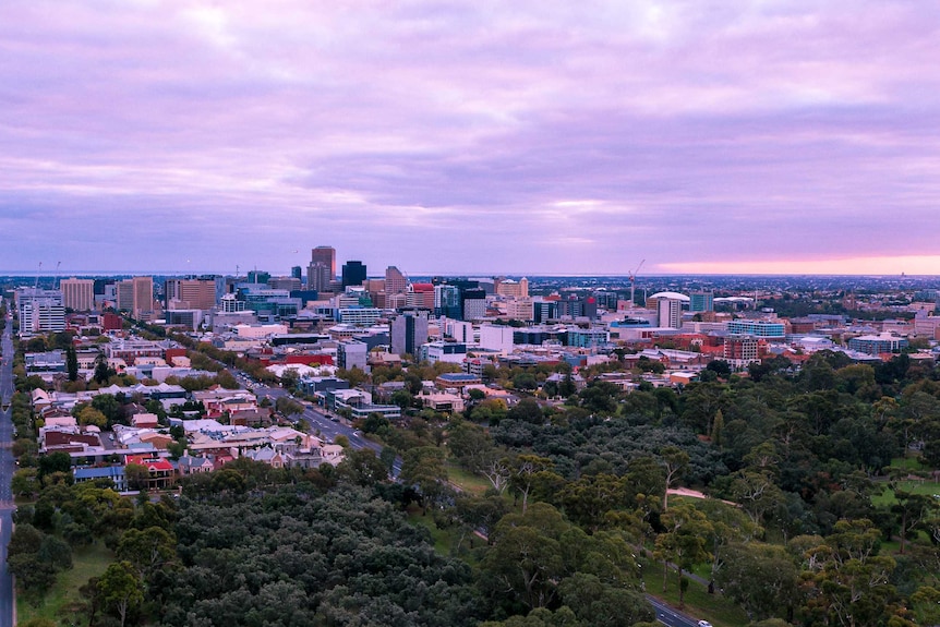 An aerial photo overlooking the Adelaide CBD.