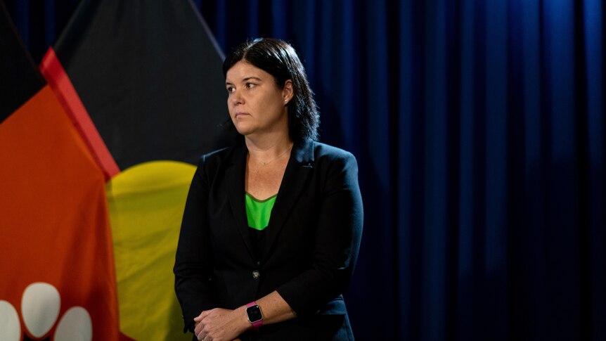 NT Health Minister Natasha Fyles stands looking concerned in front of some large flags.