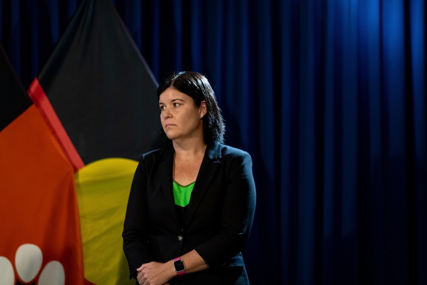 NT Health Minister Natasha Fyles stands looking concerned in front of some large flags.
