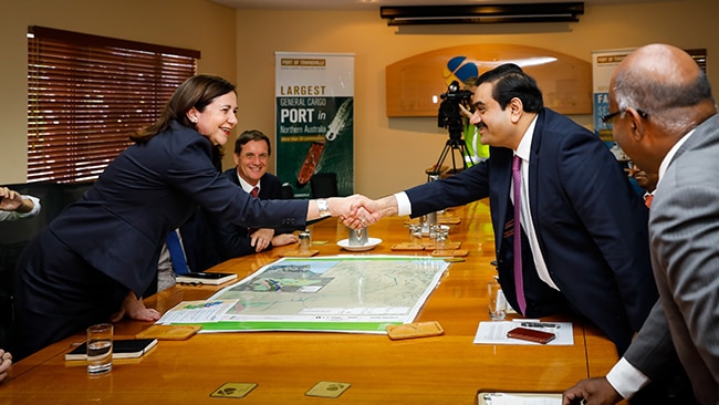 Queensland Premier Annastacia Palaszczuk shakes hands with Adani Group chairman Gautam Adani