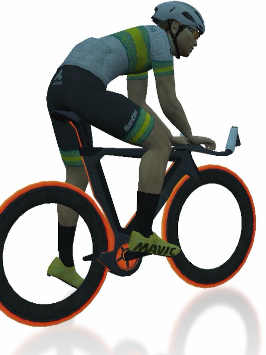 A computer character of a male cyclist in a white jersey and green and gold stripes on a bike.