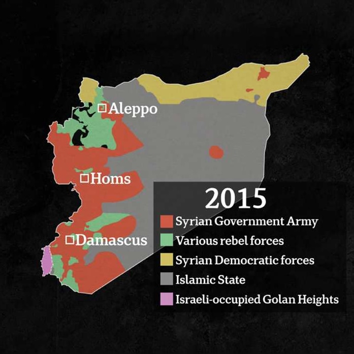 You view a map of Syria showing the overwhelming majority of its territory coloured in grey showing Islamic State control.