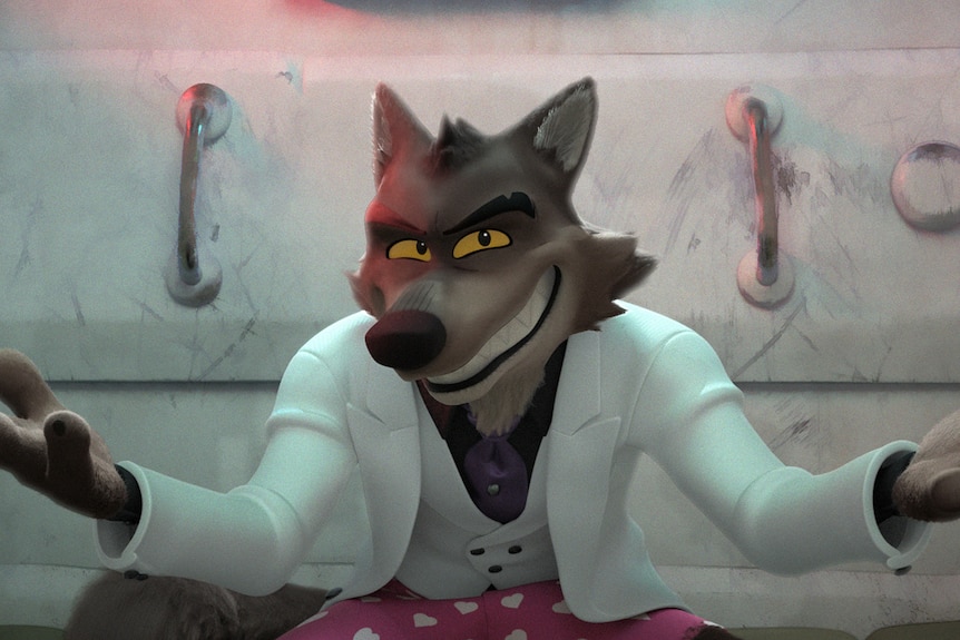 Animated grey wolf wearing a white three-piece suit and purple cravat splays hands and grins menacingly at camera