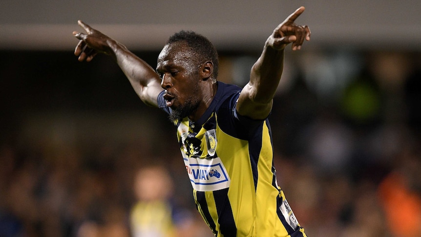 Usain Bolt celebrates a goal for Central Coast Mariners