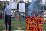 Police and protesters at Brisbane tent embassy protest in Musgrave Park on May 16