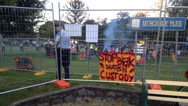 Police and protesters at Brisbane tent embassy protest in Musgrave Park on May 16