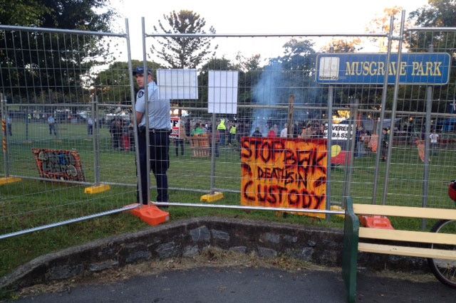 Police and protesters at Brisbane tent embassy protest in Musgrave Park