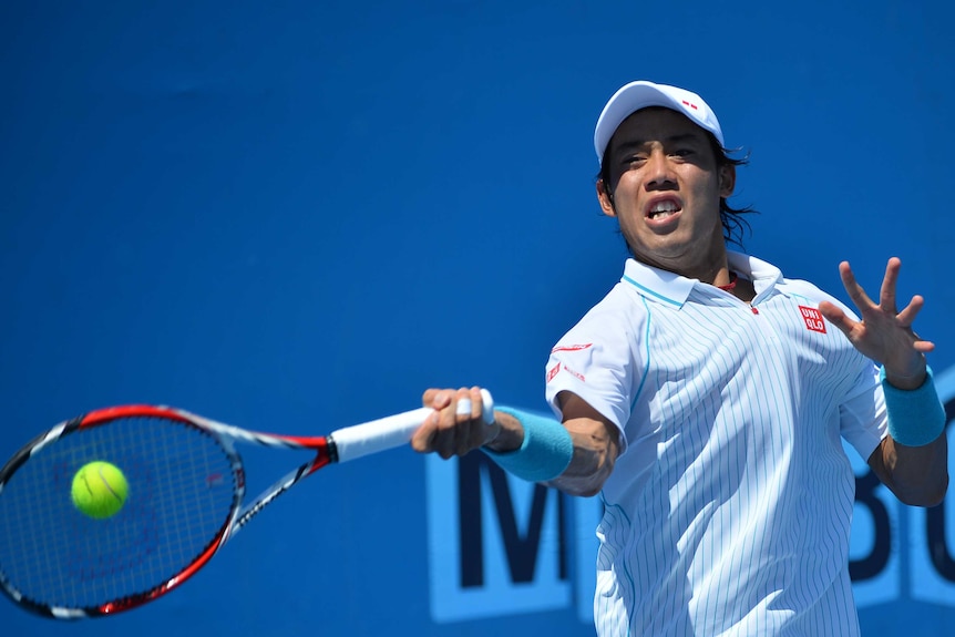 Nishikori hammers a forehand against Lajovic