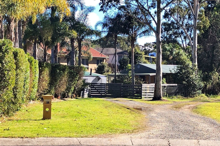 A house surrounded by trees, including palms, and the lawn in the foreground.