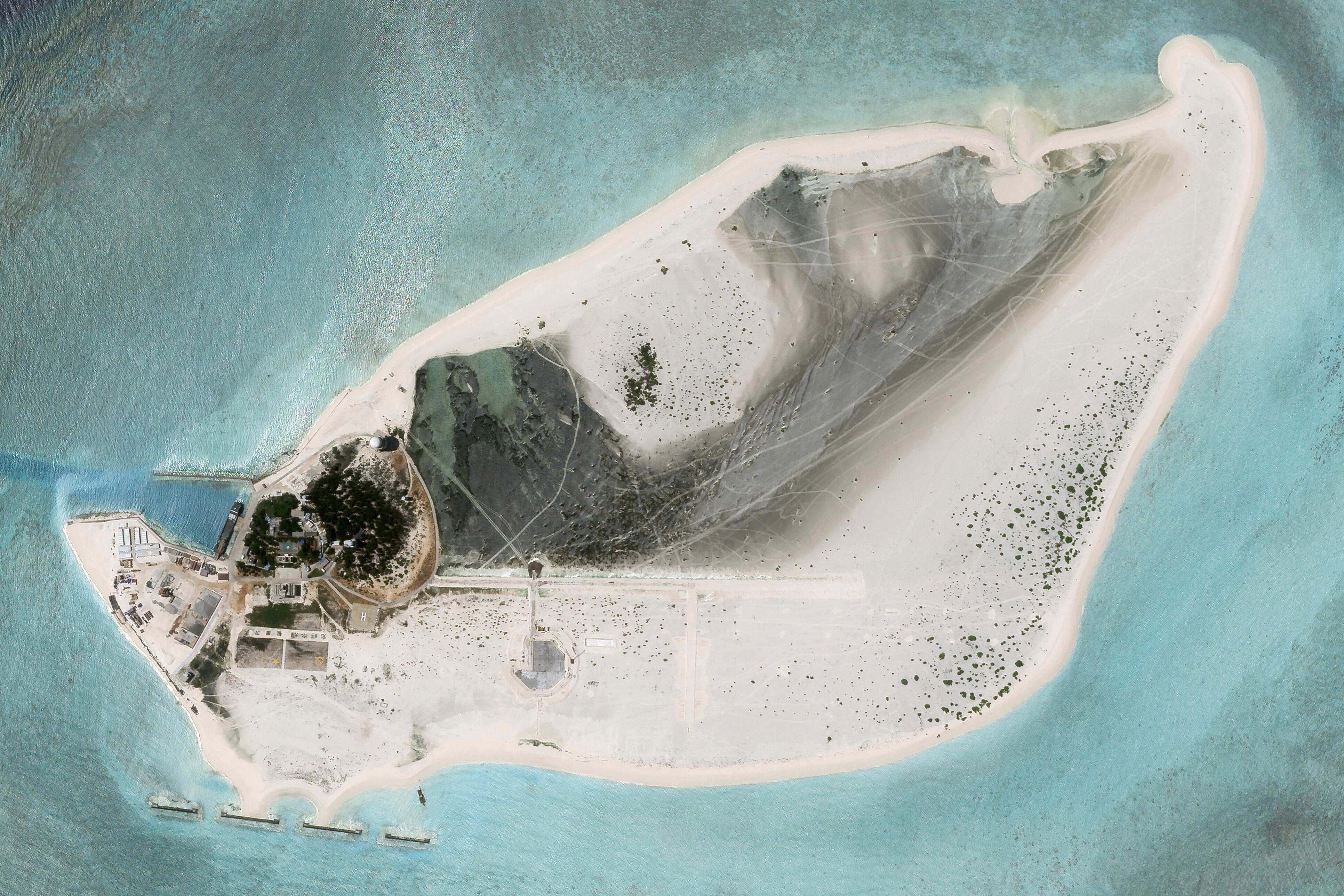 A satellite view of an island in the South China Sea.