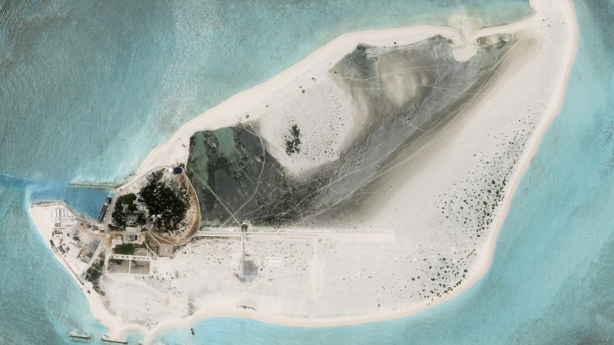 A satellite view of an island in the South China Sea.