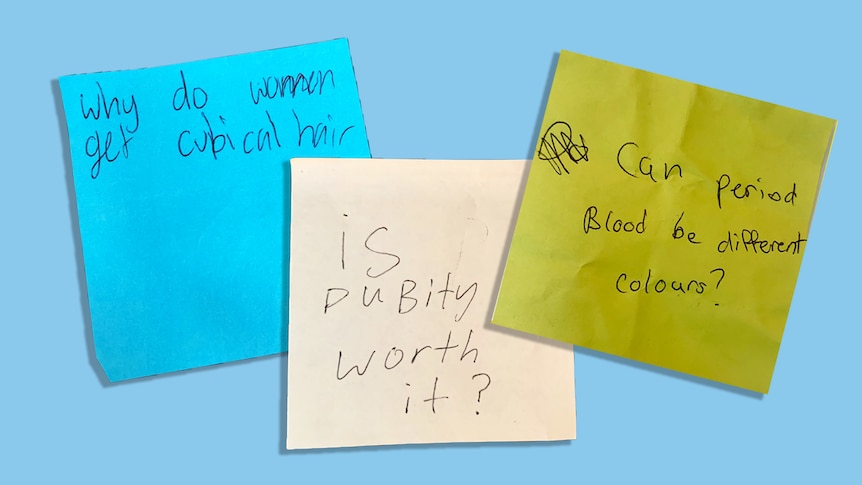 Three post it notes on a blue background. Written on them are questions about sex and puberty in child-like handwriting. 