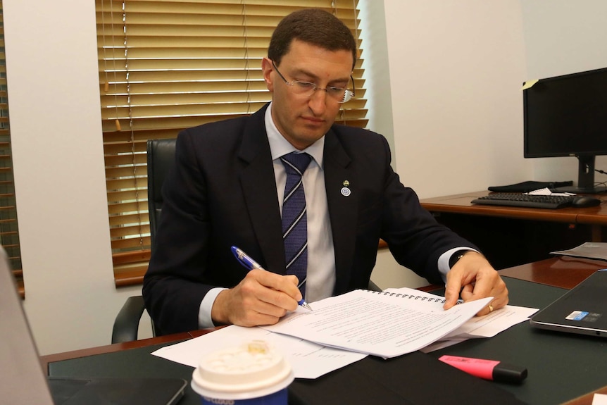 Liberal MP Julian Leeser makes the final touches to his maiden speech, on September 14, 2016.