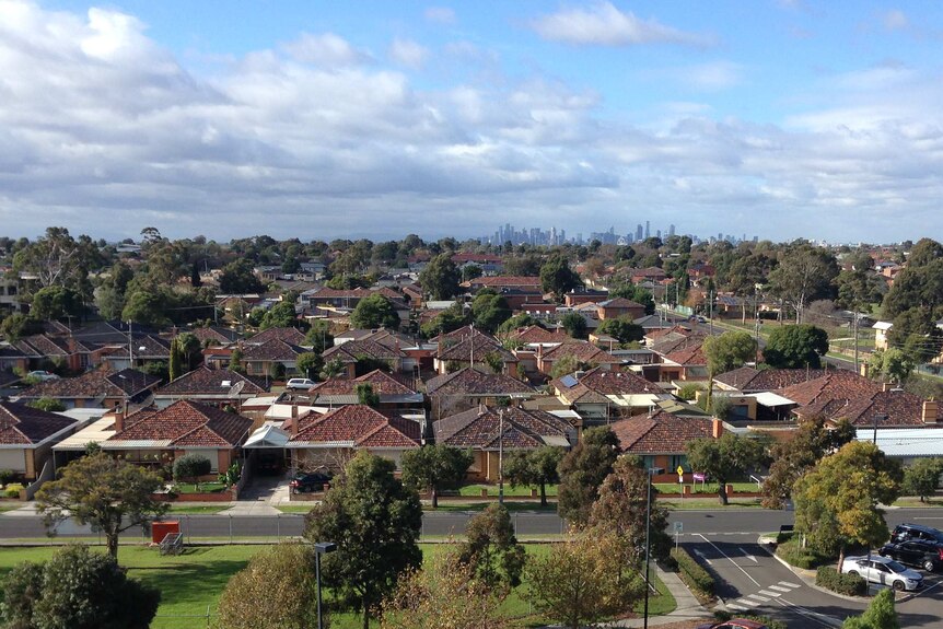From a high vantage point, you view rows and rows of square cream brick homes as you look toward the Melbourne CBD on the horizo
