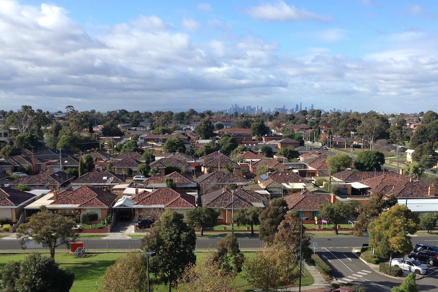 From a high vantage point, you view rows and rows of square cream brick homes as you look toward the Melbourne CBD on the horizo