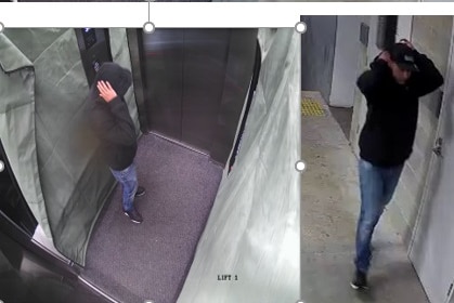 A composite image of four photos of the same man caught on CCTV wearing a dark hoodie and jeans.