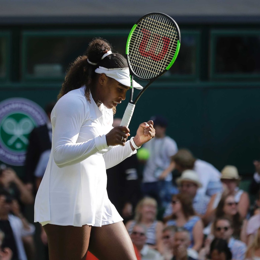 Serena Williams celebrates defeating France's Kristina Mladenovic at Wimbledon on July 6, 2018.