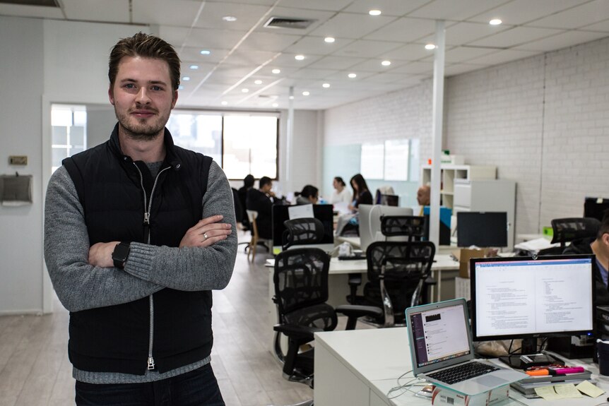 CEO of the biotech company, Karma, 28-year-old James Sackl, at his Cremorne office.