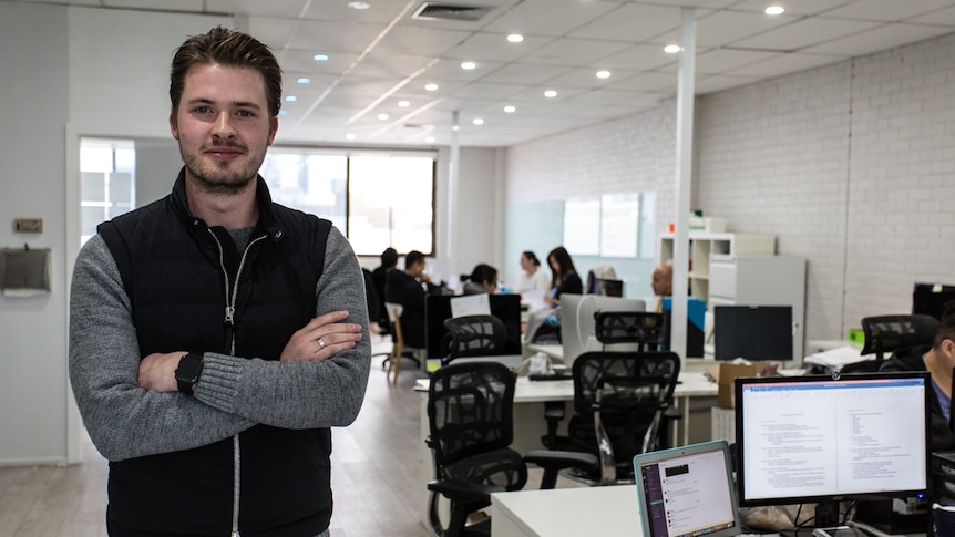 CEO of the biotech company, Karma, 28-year-old James Sackl, at his Cremorne office.