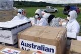 Royal Australian Air Force personnel unload pallets of humanitarian aid in Port Villa, Vanuatu.