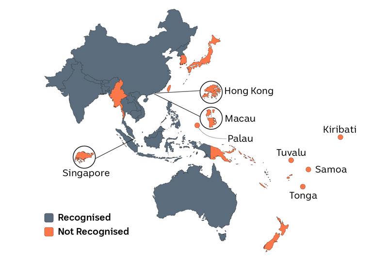 A two-tone map shows whether countries in the Asia Pacific region recognise an independent state of Palestine or not.