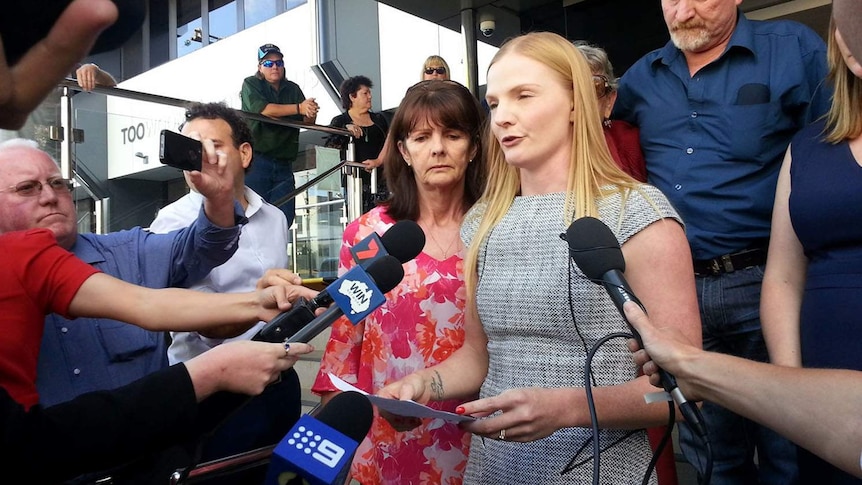 Laine Coldwell's niece Georgia Grant speaking to media outside court
