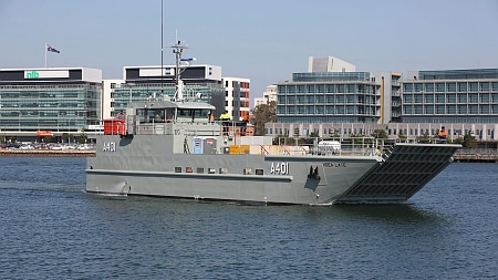 Landing barge undergoing sea trials in Newcastle harbour.