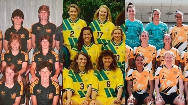 Soccer teams wearing different kits in green and yellow designs pose for photos in the 80s, 90s, and 2010s