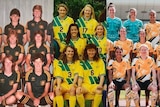 Soccer teams wearing different kits in green and yellow designs pose for photos in the 80s, 90s, and 2010s