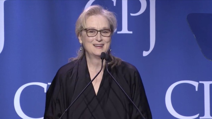 Meryl Streep speaks to journalists at the International Press Freedom awards.