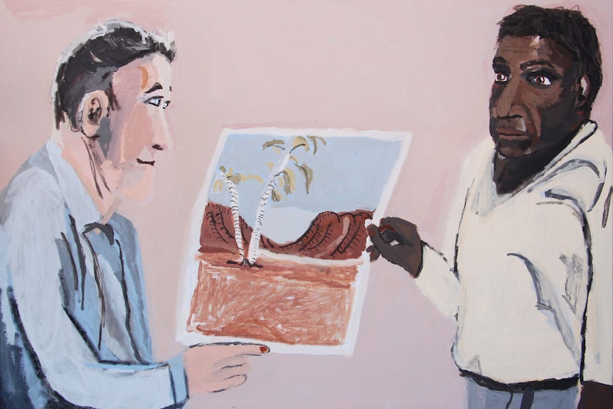 A painting by Vincent Namatjira, depicting his Great-Grandfather Albert Namatjira, sharing a painting 