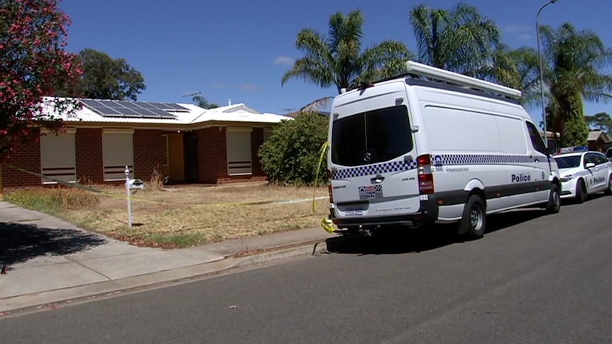 A police van and station wagon in front of a house with roller shutters