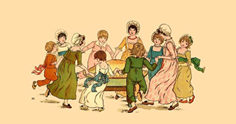 A drawing of a group of girls and boys in dresses and long pants holding hands and lifting their feet as if dancing.