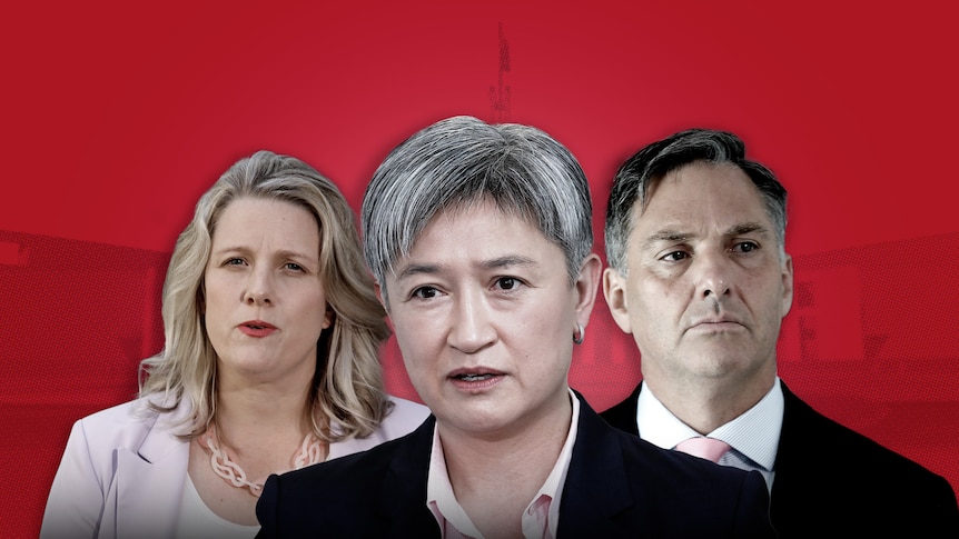 Composite image of Kirsty McBain in red jacket, Penny Wong in black jacket and Richard Marles in black jacket. Red background.