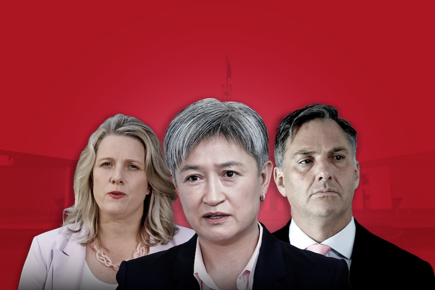 Composite image of Kirsty McBain in red jacket, Penny Wong in black jacket and Richard Marles in black jacket. Red background.