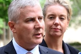 Upper body photo of Michael McCormack speaking with Bridget McKenzie, out of focus, looking on.