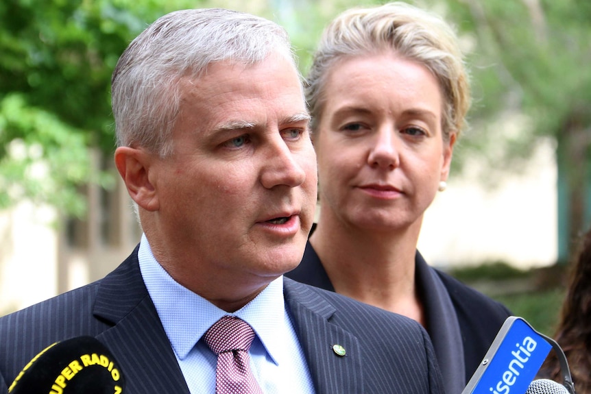 Upper body photo of Michael McCormack speaking with Bridget McKenzie, out of focus, looking on.