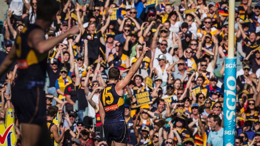 Jamie Cripps of the West Coast Eagles celebrates a goal against Adelaide at Subiaco Oval.