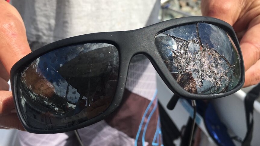 Smashed sunglasses of skipper Oliver Galea
