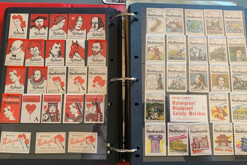 A folder opened to show dozens of flattened matchboxes.